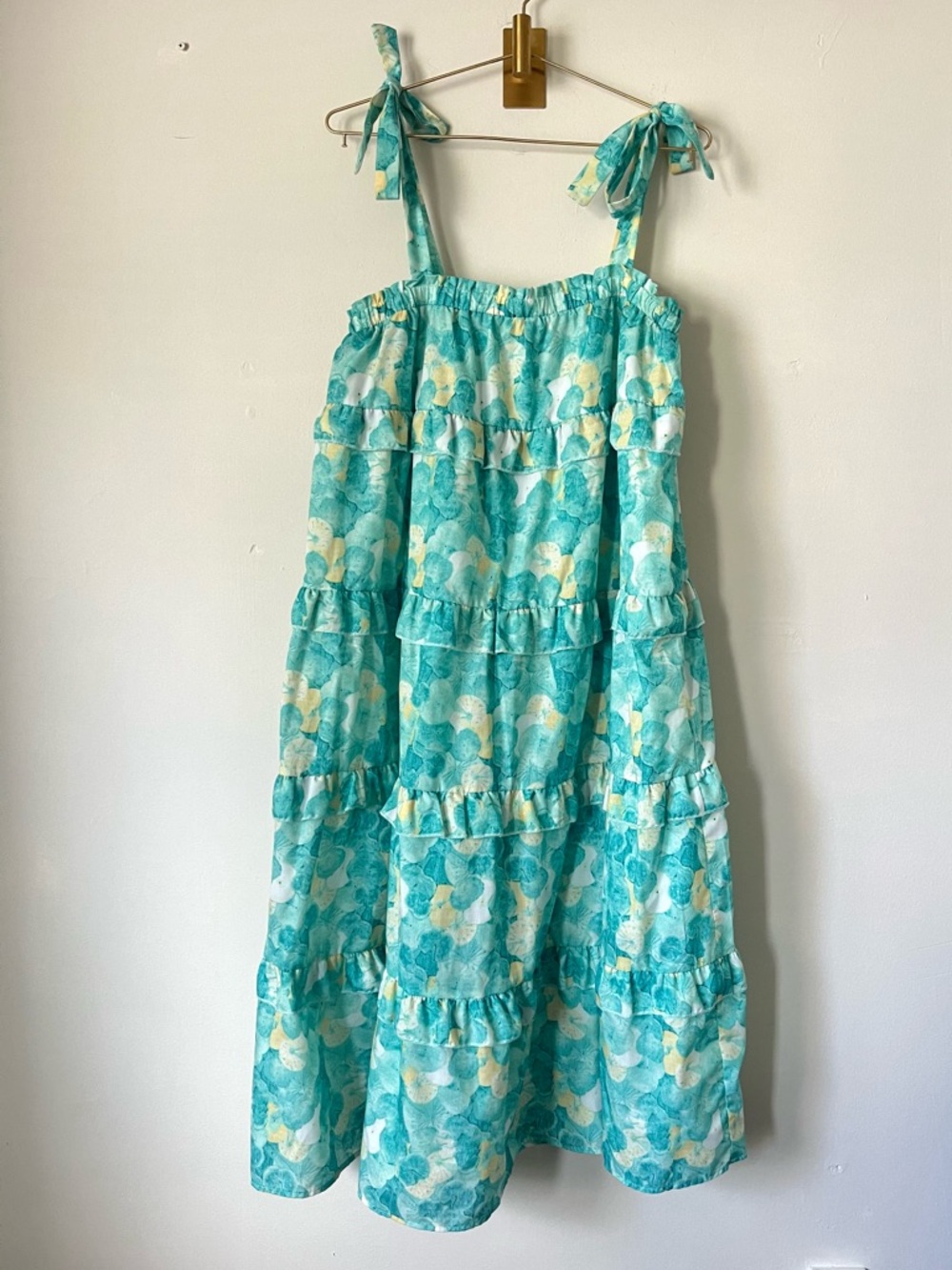 THML Antropology Aqua Floral Tie- spring summer Shoulder Tiered Sundress size L
